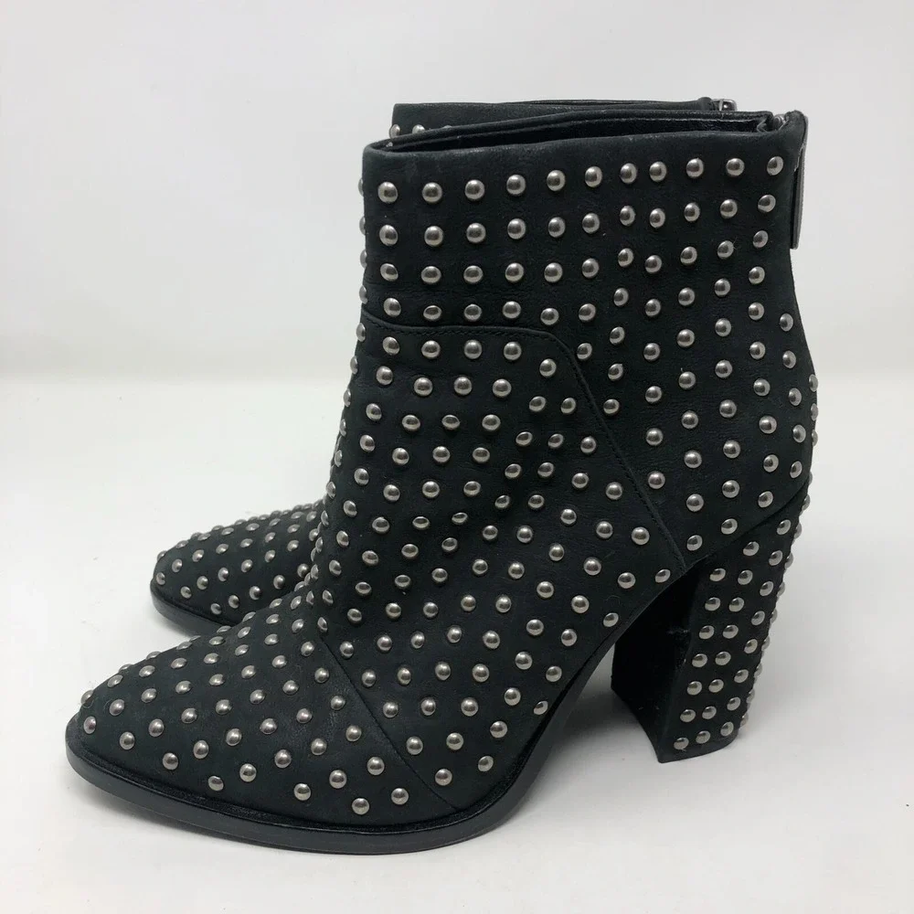 Mercer Edit Black Leather Full Monty Studded Booties Womens 6.5 Almond Toe 4